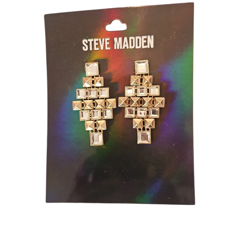 Steve Madden Gold Silver Tone Geometric Pathway Glistering Stone Large Earrings